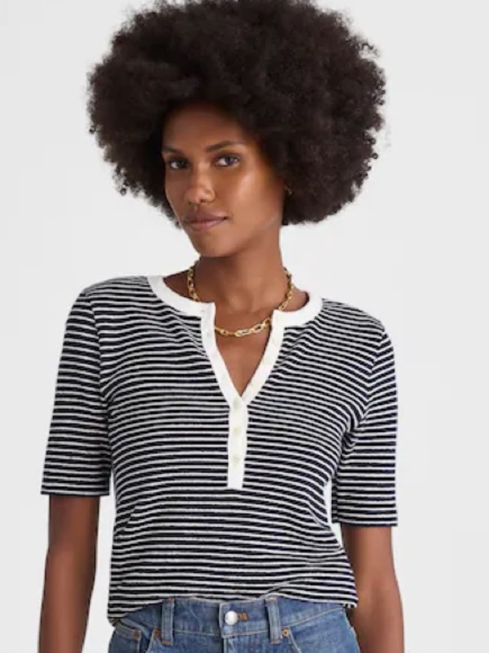 Madewell NWT Striped Elbow-Sleeve Henley Tee Size Small in Midnight Navy Stripe